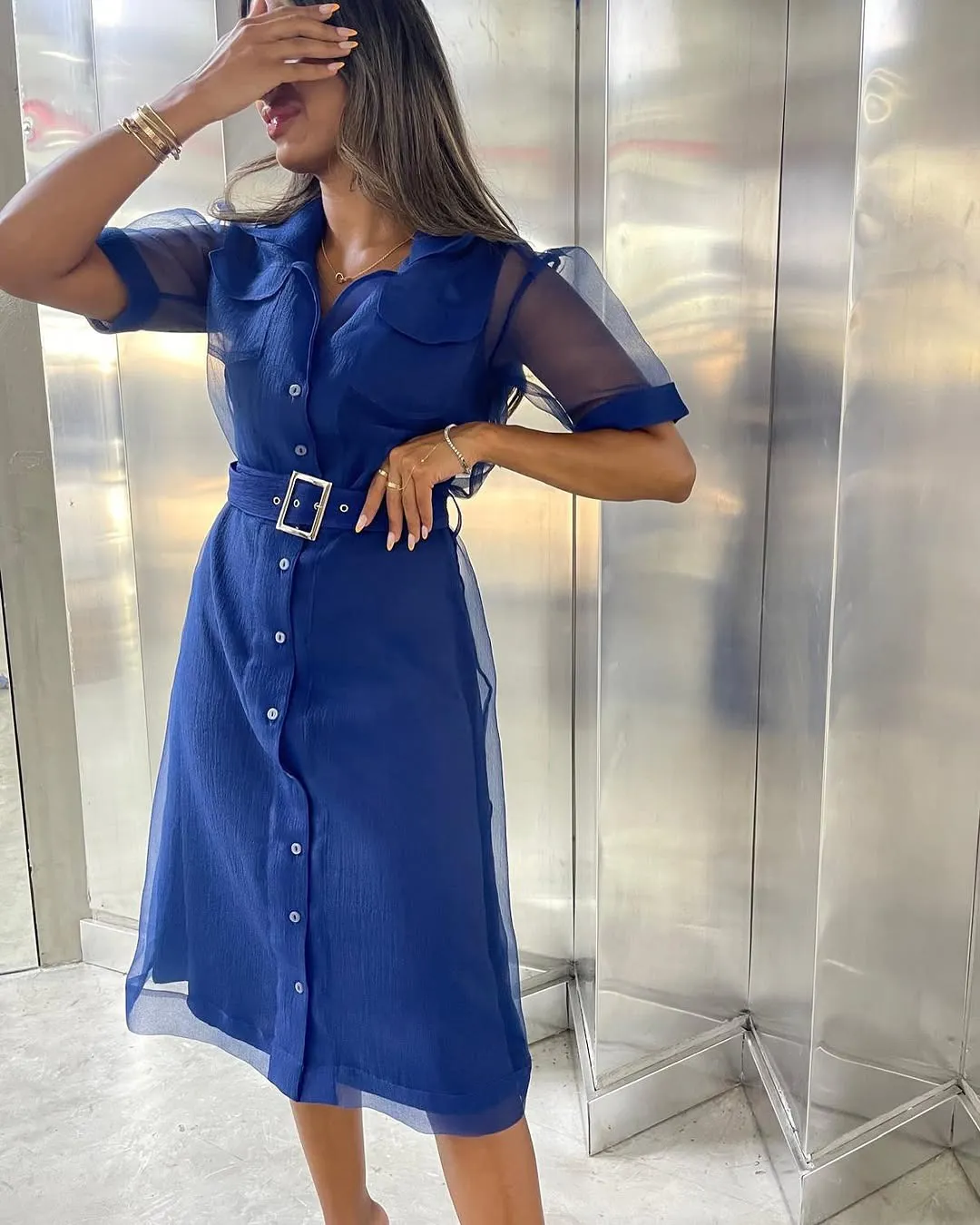 Belted organza shirt dress in cobalt with sheer short sleeves
