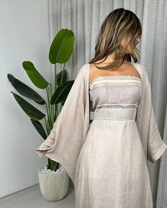 Natural linen set with a striped strapless bodice and a wide-sleeved open robe